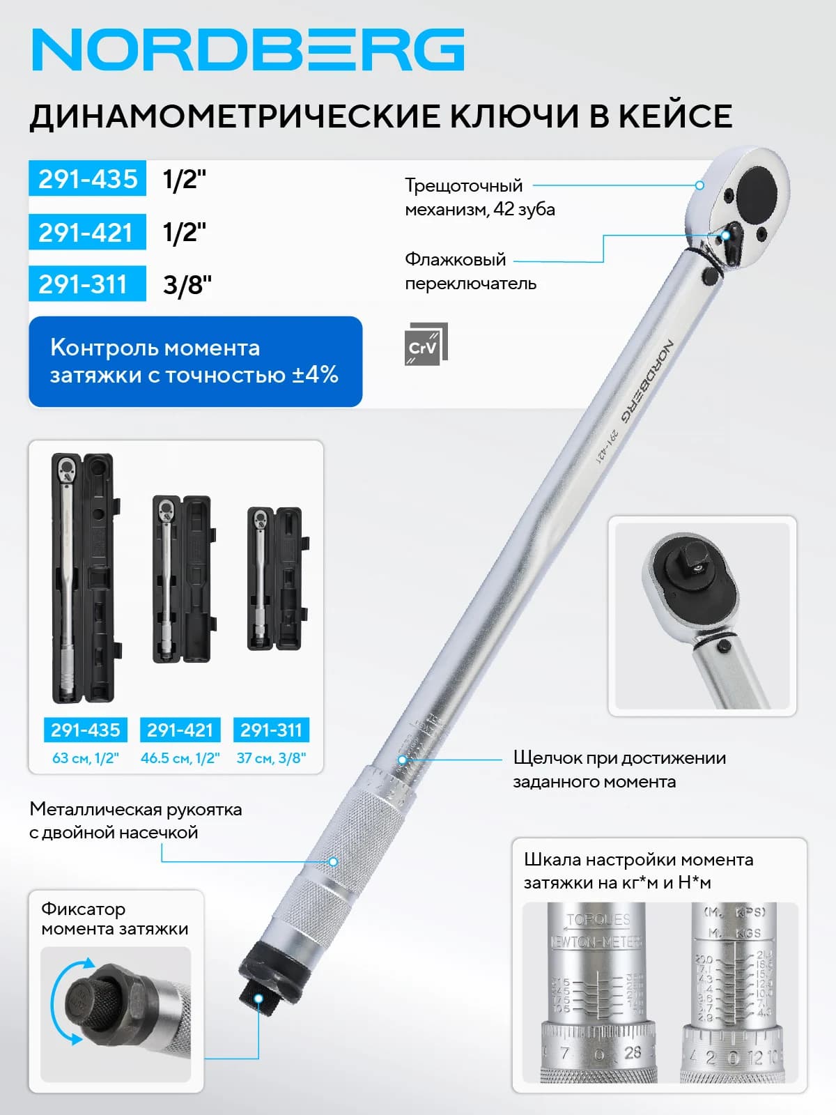 Щелчковый динамометрический ключ NORDBERG 1/2 дюйма