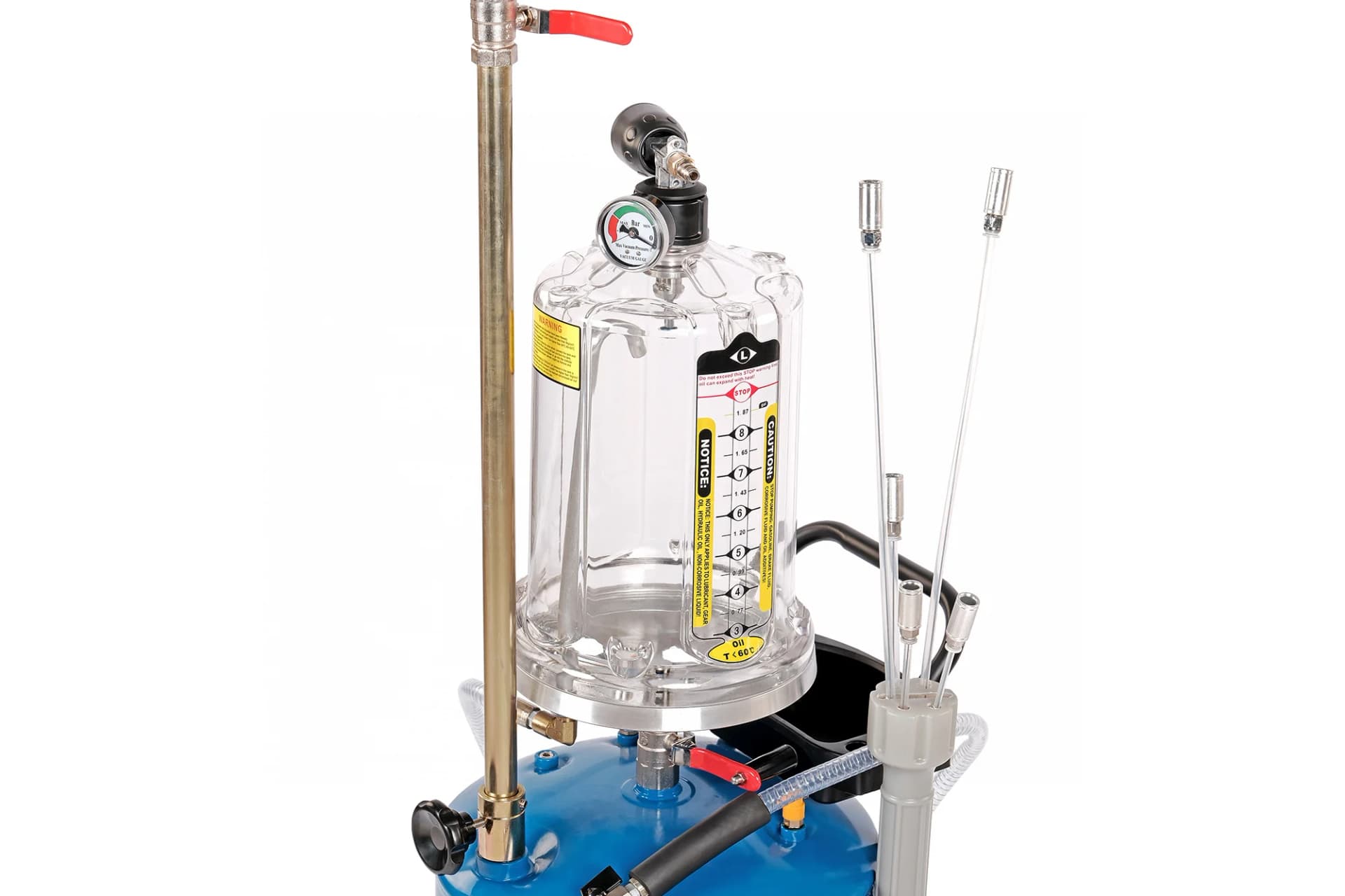 Установка для сбора масла Nordberg 2379B — пневматическая, 65 л, синяя, с осмотровой колбой