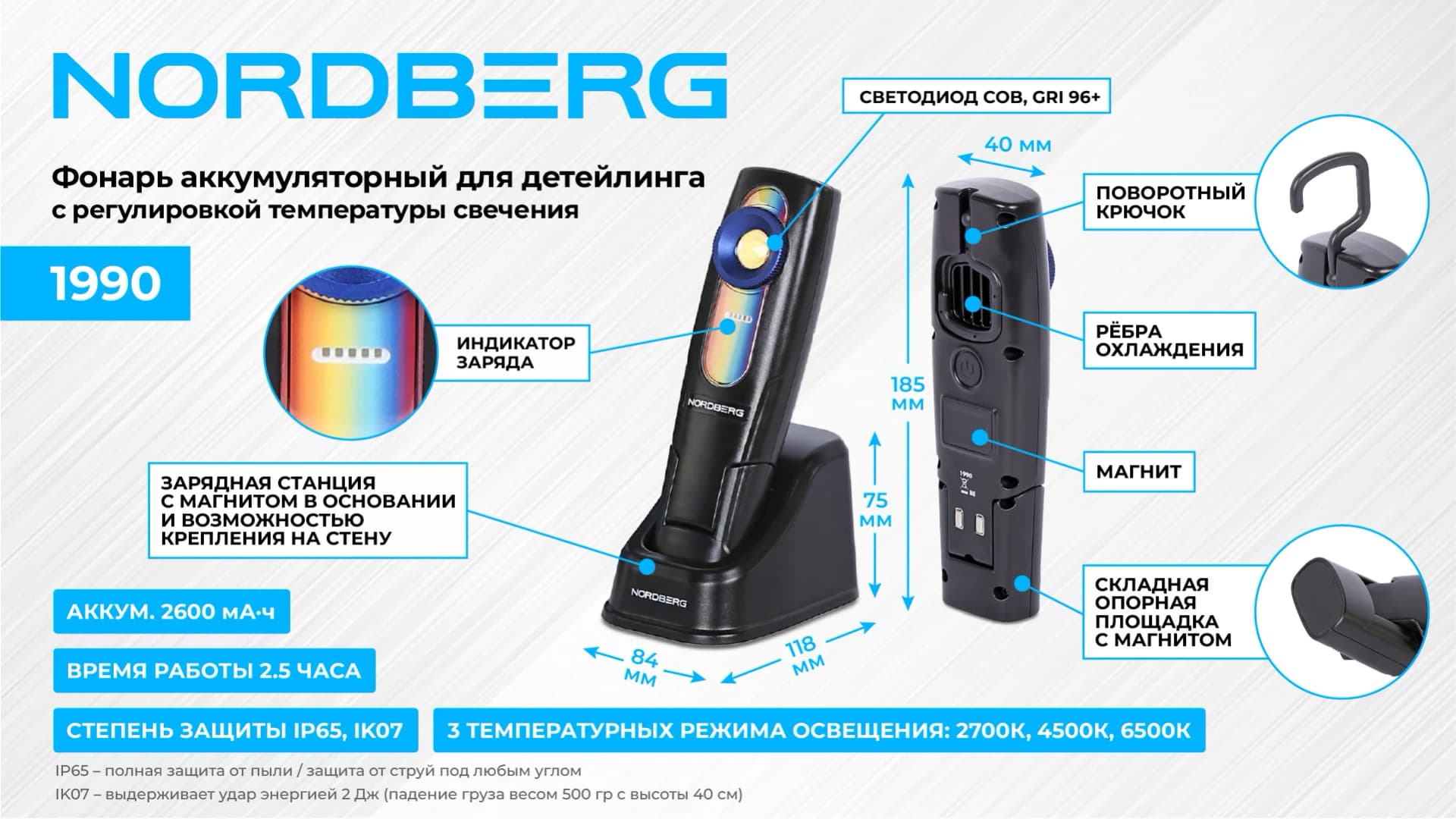 Лампа колориста Nordberg 1990 — 500 лм / 3 цветовые температуры / IP65