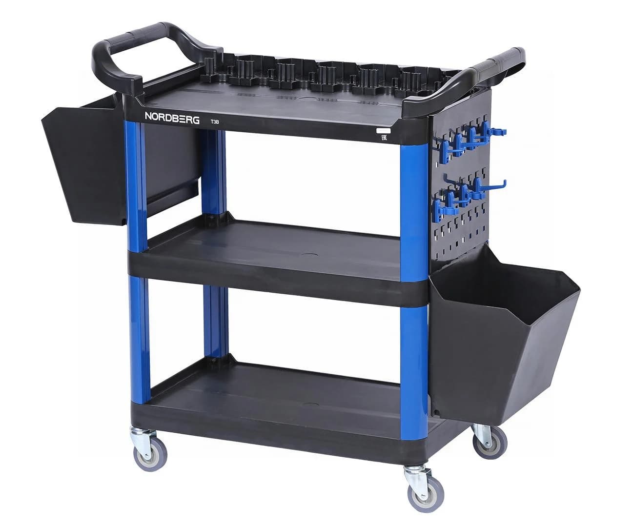 Тележка NORDBERG T3B — 3 полки + 2 съёмных ящика пластиковая синяя 550×850×1150 мм